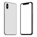 New white smartphone similar to iPhone X mockup front and back sides rotated and facing each other Royalty Free Stock Photo