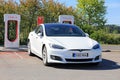 New White Tesla Model S Electric Car Charging