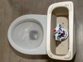 New white toilet tank with an open lid and flush system top view. Plastic toilet drain system Royalty Free Stock Photo