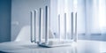 New WiFi router with multiple antennas on a table in a bright room during the day Royalty Free Stock Photo