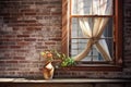 new window pane leaning against a brick wall