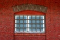New window with safety wire protection and strong metal bars mounted on old red brick wall