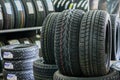 New winter tire sets without studs at tire shop Royalty Free Stock Photo