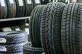 New winter tire sets without studs at tire shop Royalty Free Stock Photo