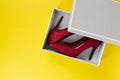 New women`s red suede shoes in a box on a yellow background. Royalty Free Stock Photo