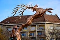 The wondrous deer statue in gold color. Budapest, Hungary. December, 2022.