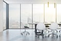 New wooden and concrete meeting room interior with panoramic city view, daylight and large table with chairs. Corporate design and Royalty Free Stock Photo