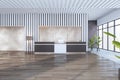 New wooden and concrete office lobby interior with reception desk, panoramic window with city view and other objects. Waiting area Royalty Free Stock Photo