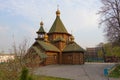 New wooden Orthodox church, dome with a cross and blue sky. Russia Royalty Free Stock Photo