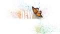 New word with symbolic butterfly graphic splatter background
