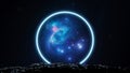 New worlds of galaxies panorama, fantasy portal to far universe. Space exploration, round gateway to another universe, landscape.