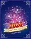 New Year 2024 celebration on blue background with fireworks. Festive banner in 3D format. Vector illustration