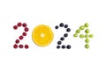 New year 2024 made of fruit and berries on the white background. Royalty Free Stock Photo