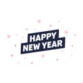 Happy new year text with snowflake and star. Dark blue rounded rectangle and scattered pink ornaments. Royalty Free Stock Photo