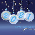 2021 New Year. Abstract holiday background. Blue and gold Christmas balls, snowflakes and serpentine on  dark blue background. Royalty Free Stock Photo