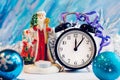 New Year alarm clock with Santa Claus and Snow girl Royalty Free Stock Photo