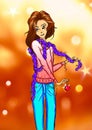 New year art illustration of a girl in a pink sweater and tinsel with a Christmas ball in hand preparing for Christmas