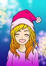 New year art illustration of a girl smiling in a pink sweater and tinsel with a santa hat on her head getting ready for Christmas