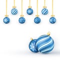 New Year background with blue Christmas balls golden ribbons and bows. Vector illustration Royalty Free Stock Photo