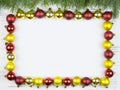 New Year background. Christmas square frame with fir tree, on rustic wood, copy space for text