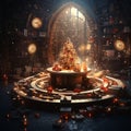 New Year background, Christmas tree, golden balls, candles, festive illumination, gifts,