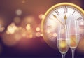 2021 New Year background with a clock and glasses of champagne and glowing bokeh light. Vector illustration Royalty Free Stock Photo