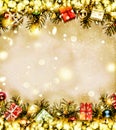 New Year. Background, frame of Christmas tree branches and Christmas decorations. Golden snow. Free space for text. Royalty Free Stock Photo