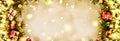 New Year. Background, frame of Christmas tree branches and Christmas decorations. Golden snow. Free space for text. Royalty Free Stock Photo