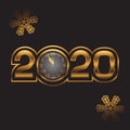 2020 New year background with gold clock on black background. Vector image