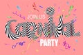 Carnival party invitation with striped letters, colorful and levitating serpentine and confetti