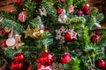 New year background. green Christmas tree decorated with wooden toys and glass balls