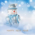 New Year background, happy snowman in winter secenery with copy space. Card.