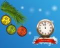 New year background with red christmas balls and vintage clock. Vector illustration Royalty Free Stock Photo