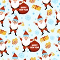 New Year background with Santa Claus, bells, gifts and snowflakes.