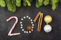 New Year background of snowflakes, sweets, candies, cinnamon, balls number year 2018 Royalty Free Stock Photo