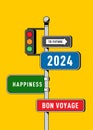 2024 new year background with travel signpost modern vintage retro style