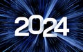 New Year 2024 background with white paper numbers on blue background made of firework particles. Through universe concept