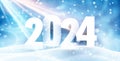 New Year 2024 background with white paper numbers with shadows on blue sunny winter light background with snow