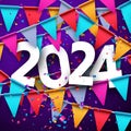 New Year 2024 background with white paper numbers with shadows on background made of colorful carnival garlands with flags and