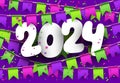 New Year 2024 background with white paper numbers with shadows on background made of colorful carnival garlands with flags and