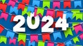 New Year 2024 background with white paper numbers with shadows on background made of colorful carnival garlands with flags