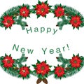 New Year background with a wreath of poinsettia and Christmas tree branches isolated