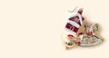 New year banner with christmas toys horse, red house, golden ball. Greeting card template Royalty Free Stock Photo