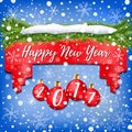 New Year banner decorated with red Christmas balls, Christmas tree branches, snow and snowflakes on blue background Royalty Free Stock Photo