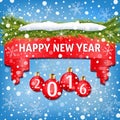 New Year banner decorated with red Christmas balls, Christmas tree branches, snow and snowflakes on light blue background Royalty Free Stock Photo