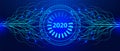 2020 New Year banner. Digital future waves in cyberspace with grid. AI technology and futuristic background vector for web Royalty Free Stock Photo