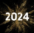 2024 New Year banner on gold glitter powder explosion. Golden color dust splash