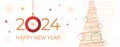 2024 New Year banner, greeting, party invitation, graphic template with flat fir tree, text greeting