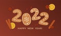 New year 2022 banner. Happy new year greetings card with gingerbread and Christmas spices. Ã¢â¬â¹