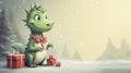 New Year banner with an illustrated cute green dragon with Christmas gift boxes.